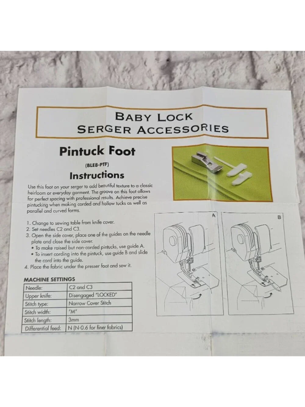 Baby Lock Pintuck Foot With Guide For Serger Models BLE8 BLE8W BLE8W-2 BLE8S